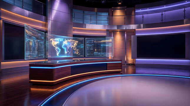 Modern futuristic television news studio background with a professional broadcast desk, glowing holographic world map screens, neon lighting, and blank screens for custom media content.
