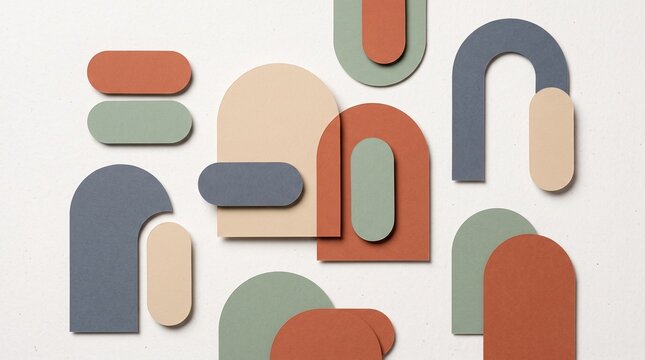 Abstract composition of colorful geometric paper cutouts arranged on a textured white background surface with shapes layered textured cutouts various muted