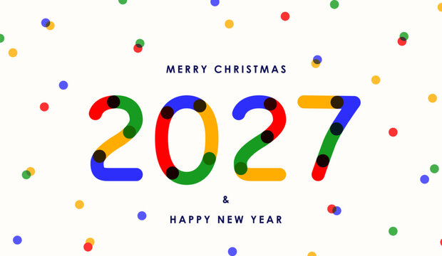 2027 Merry Christmas and Happy New Year banner background with colorful geometric typography, confetti dots. Modern abstract vector illustration isolated on white background, ideal for greeting cards