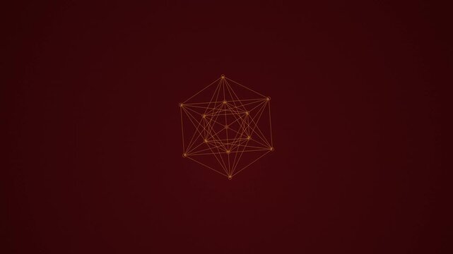 Golden geometric polyhedral structures connected by thin lines glowing on a dark deep red surface