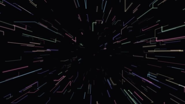 Procedural Art. Abstract futuristic motion graphics of neon digital light streaks on a cybernetic grid, perfect for speed data visuals and futuristic designs.