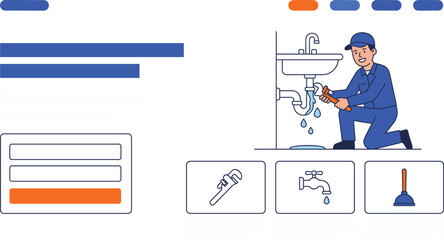 Obraz premium Professional Home Improvement Plumbing Service Landing Page Vector Design Template for Emergency Pipe Repairs, Faucet Maintenance, and Handyman UI Layouts