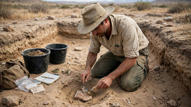 Archaeologist excavating artifacts in dry field