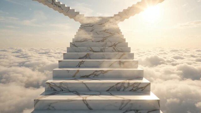 Majestic marble staircase ascending through fluffy clouds towards a glowing heavenly sky, symbolizing aspiration and destiny