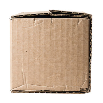 Damaged brown corrugated cardboard box on transparent background