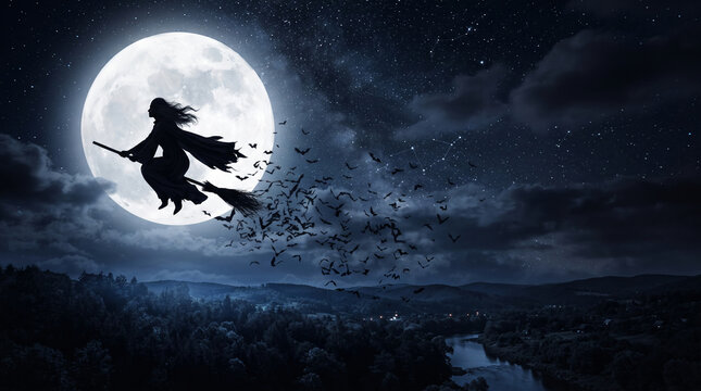 A witch silhouette rides a broomstick through a starry night sky past a large moon and a swarm of bats, symbolizing Halloween and magic