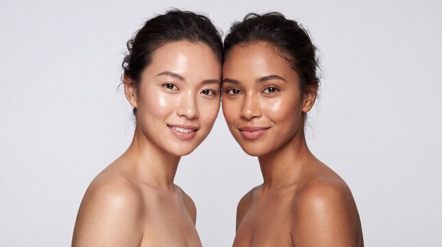 Diverse skin tones two women with glowing complexions side by side smiling gently with posed closely together against neutral background