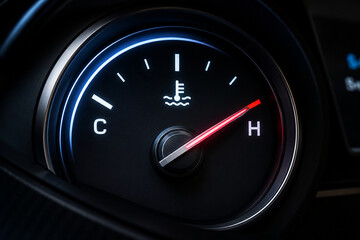 Naklejka premium Modern car temperature gauge with a red needle entering the hot zone, symbolizing engine overheating, maintenance, and automotive safety.