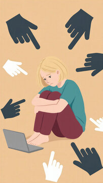 Sad woman surrounded by pointing hands illustration