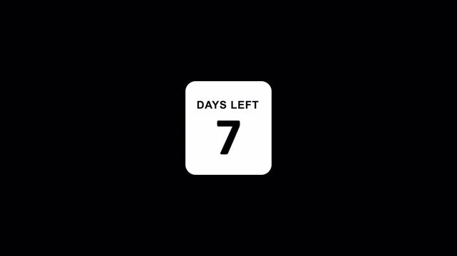 Countdown animation, 7 days left reveal on transparent background. Days remaining countdown animation in 4K with Alpha Channel    