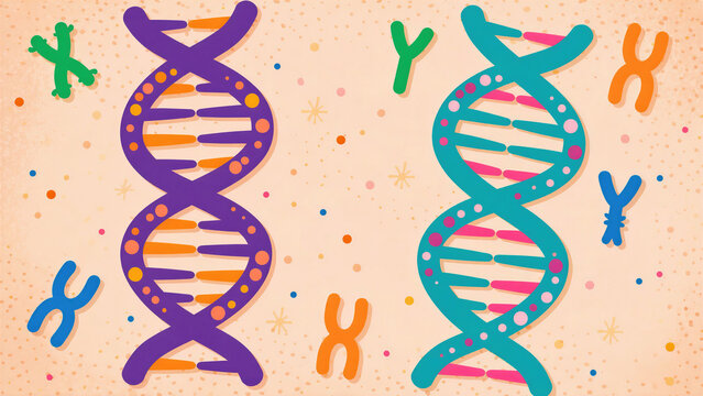 Colorful DNA strands and chromosomes illustration