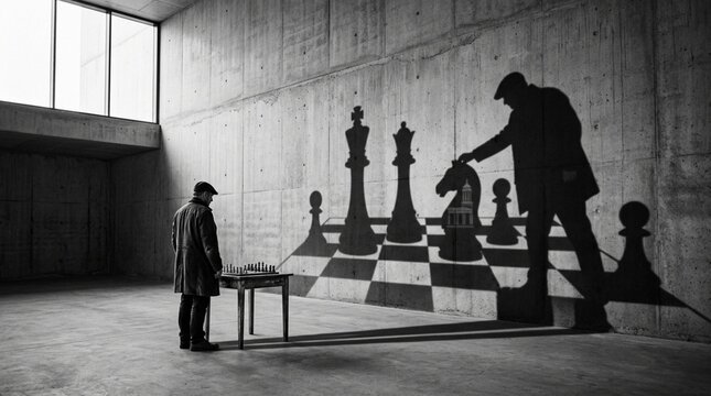 Man playing chess against his shadow, concrete room, strategic thinking