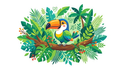 Naklejka premium Cute Toucan Bird in Tropical Rainforest with Exotic Leaves and Palm Tree