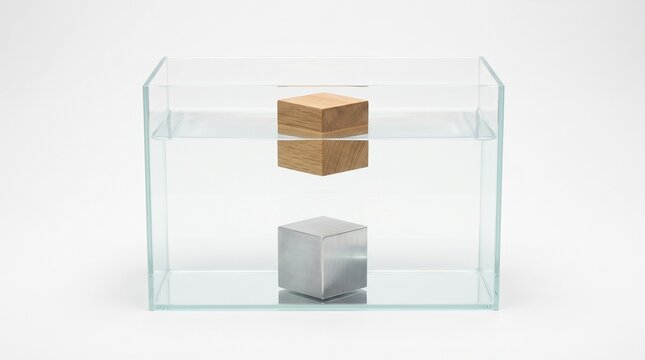 Two identical size cubes floating and sinking, Archimedes principle physics concept