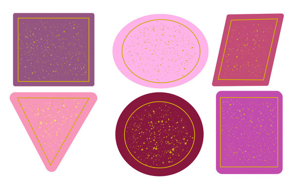 Square, oval, triangle, circle and parallelogram shapes in purple, pink and maroon colors with golden borders and dots.