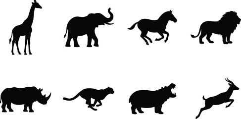 Obraz premium Set of African safari wild animal black silhouettes featuring giraffe, elephant, zebra, lion, rhinoceros, cheetah, hippopotamus, and antelope on white background
