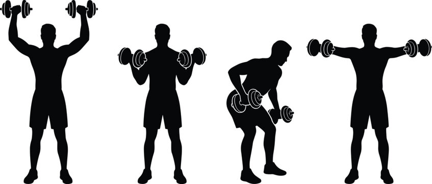 Set of black male fitness workout silhouettes featuring dumbbell shoulder press, bicep curls, bent-over rows, and lateral raises isolated on clean white background