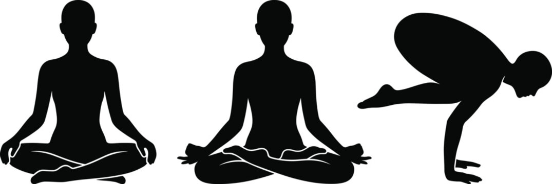 Set of black yoga and meditation silhouettes featuring lotus pose, easy seated pose, and crow pose arm balance isolated on clean white background
