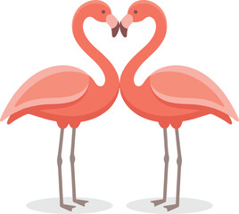 Fototapeta premium Vector illustration of two pink flamingos forming a heart shape with curved necks touching beaks for romantic love concept on white background