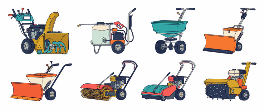 Lawn Care Equipment Vector Set including snowblower, pressure sprayer, spreader, snow plow, power sweeper, lawn aerator machinery icons for grounds maintenance, landscaping, and outdoor yard work.