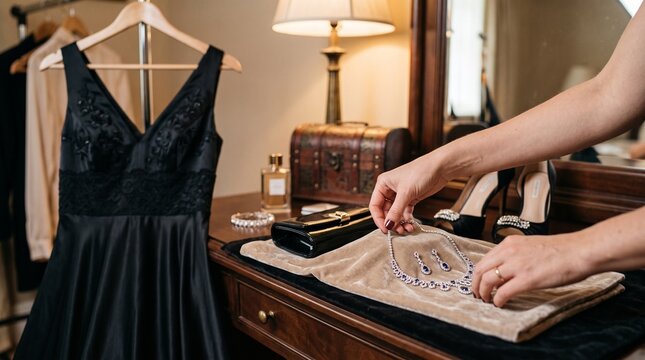 Woman preparing elegant black dress and sparkling jewelry for a special occasion
