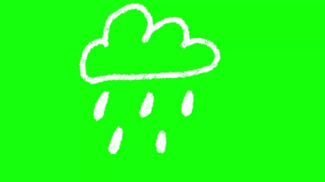 Handdrawn white cloud rain animation on bright green screen background for video overlay and motion design.
