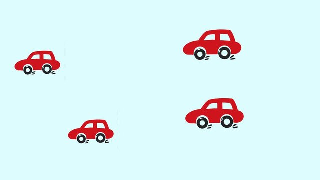 Cute red cartoon cars driving on light blue background playful handdrawn transportation animation design.