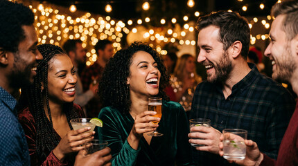 Fototapeta premium Group of diverse friends laughing and holding drinks, celebrating together under warm, blurred string lights, symbolizing joy and connection