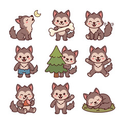 Fototapeta premium Kawaii pixel art werewolf cub collection with different expressions and playful activities.