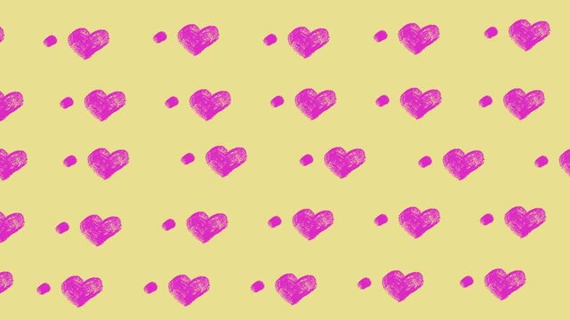 Pink heart and dot seamless pattern on pastel yellow background, cute handdrawn romantic texture design.