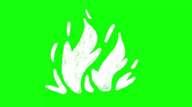 Handdrawn white fire flames animation on bright green screen background for video overlay effect.