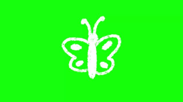 Handdrawn white butterfly animation on bright green screen background for video overlay and motion design.