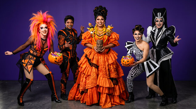 Five performers in elaborate costumes and makeup, holding Halloween candy buckets and a tiki mask, showcasing drag artistry and festive spirit