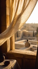 Fototapeta premium Ancient stone room with linen curtain and view of old Jerusalem. Man praying on rooftop at golden sunset. Biblical scene of faith, prayer and waiting for promise in holy city.