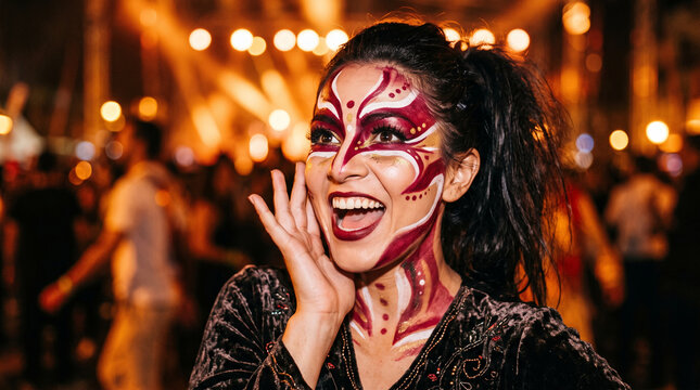 Woman with intricate face paint and celebratory lights, evoking joy and festivity at an outdoor event, showcasing expressive artistry and atmosphere