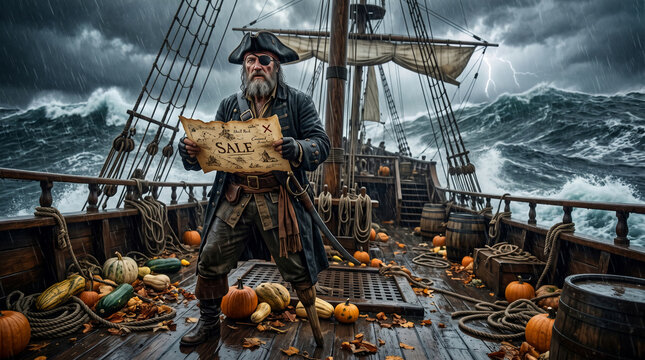 A pirate captain on a stormy ship holding a treasure map labeled "SALE", symbolizing adventure and autumn harvest, with pumpkins scattered on deck