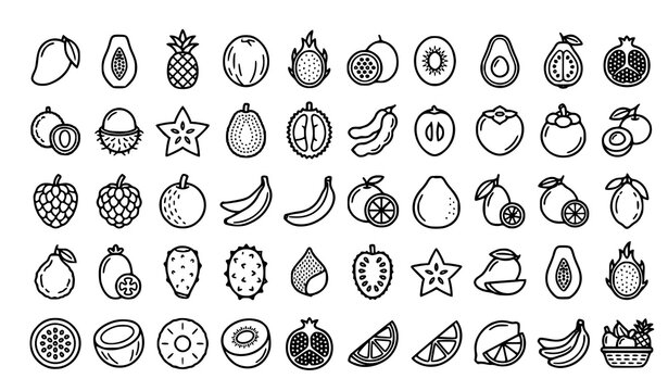Tropical Exotic Fruit 50 Outline Icons Editable Stroke Vector Collection