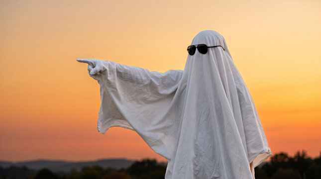 A figure in a white sheet costume with sunglasses points to the side against an orange sunset sky, symbolizing fun and Halloween.