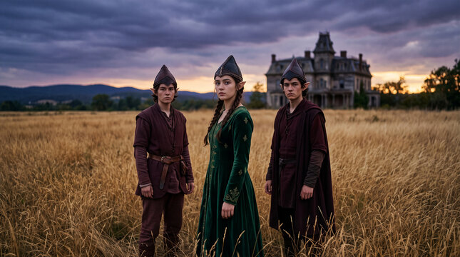 Three people in medieval costume stand in a field of dry grass before a gothic-style building at dusk, symbolizing fantasy and historical drama