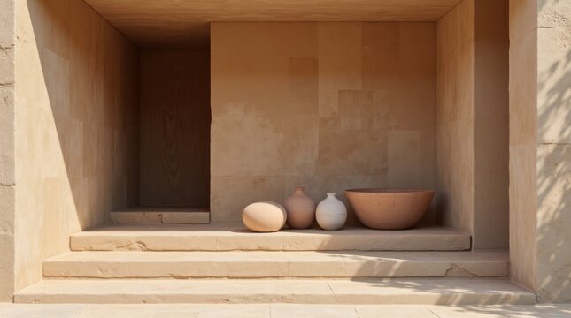 Composici&oacute;n arquitect&oacute;nica que destaca materiales naturales en capas, incluyendo piedra caliza, roble, lino y arcilla