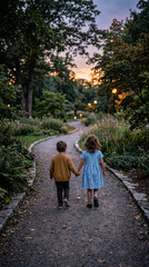 Fototapeta premium Children holding hands walk on a path in a park at dusk, symbolizing innocence, connection, and the journey of youth.