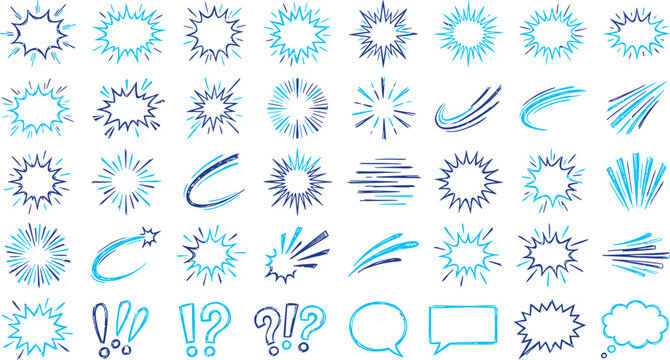 group of blue hand drawn starbursts and abstract scribbles like lines and curves for graphic design elements and creative artwork.
