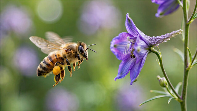 Honeybee collecting nectar from purple flower
