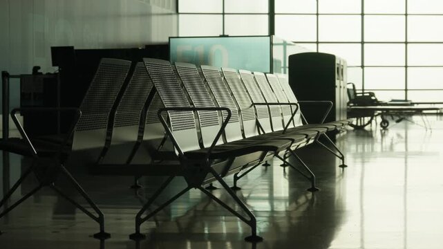 Empty metal chairs stand in airport terminal departure gate lounge. Quiet waiting hall features rows of seats and bright window light. Modern airline transport hub awaits delayed passengers.