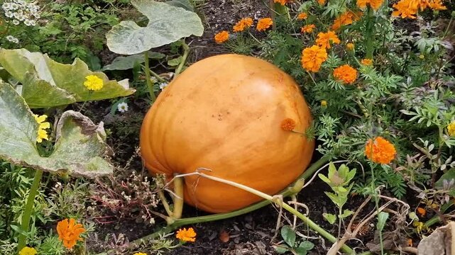 Cucurbita maxima 'Dill's Atlantic Giant' a large orange winter vegetable squash, allotment  gardening stock video footage clip