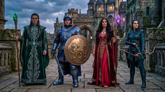 Four fantasy characters, a mage, knight, queen, and archer, stand before a castle, representing adventure and fantasy narratives