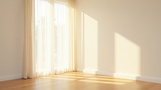 Rinc&oacute;n ba&ntilde;ado por la luz con cortinas de lino fino que se mueven suavemente junto a un gran ventanal; suelo de roble natural