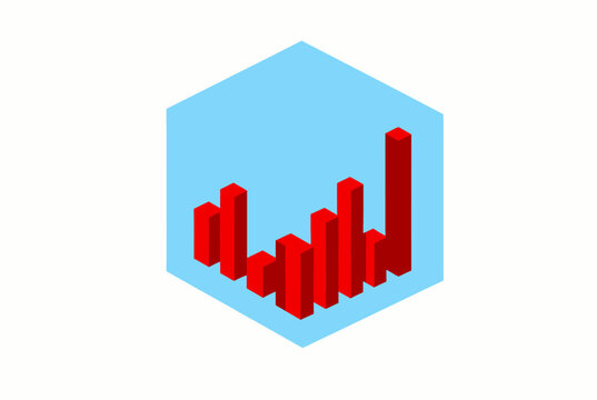 Red Bar Chart Icon On Blue Hexagon.