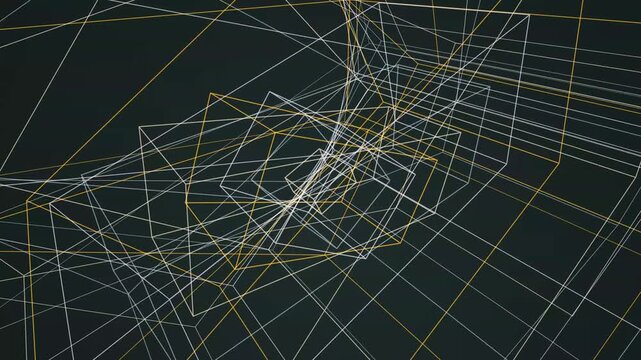 Intersecting gold and white geometric wireframe lines forming complex three dimensional cubes in deep space