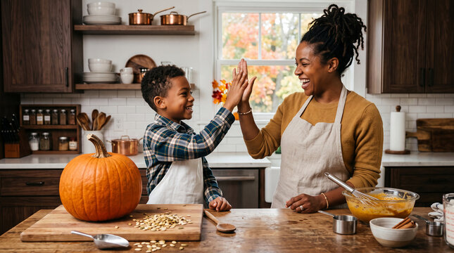 Mother and son high-fiving in kitchen with pumpkin, symbolizing family, autumn, and harvest, perfect for festive or culinary themes